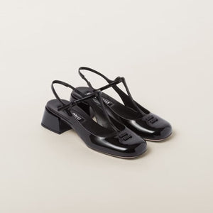 미우미우 페이던트 가죽 슬링백 펌프스 블랙