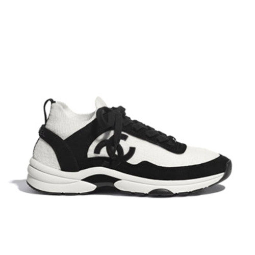 샤넬 CC 로고 패브릭 스웨이드 니트 스니커즈 화이트/블랙