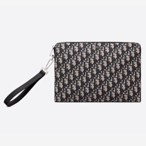 디올 오블리크 자카드 레더 스트랩 클러치 베이지/블랙