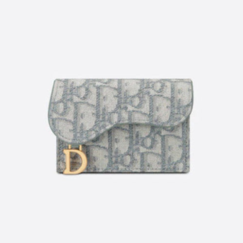 디올 오블리크 새들 플랩 카드지갑 그레이