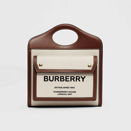 버버리 투톤 캔버스 레더 포켓 미니 토트백 내추럴브라운 (효연,이하이 착용)