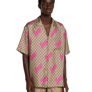 구찌 프린트 실크 트윌 볼링 셔츠 베이지/핑크